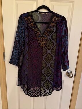 Soft Surroundings Sheer Embroidered V-Neck Tunic in Purple, Blue, and Green